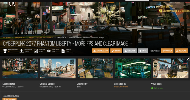 displays the mod page for Cyberpunk 2077 Phantom Liberty-More FPS and Clear Image on Nexusmods.com.