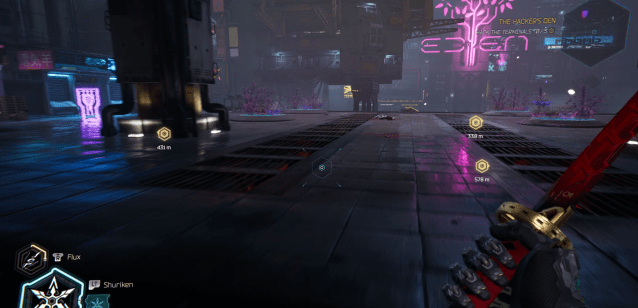 a dark, rainy, and reflective cement area. Lit by Neon advertisements and a memory shard on the left (Ghostrunner 2).