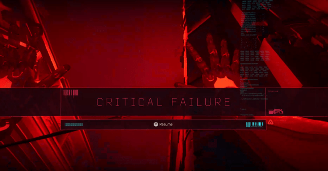 The red "critical failure" death screen in Ghostrunner 2.