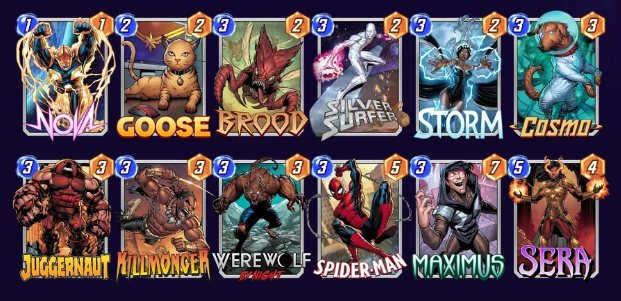 Marvel Snap deck consisting of Nova, Goose, Brood, Silver Surfer, Storm, Cosmo, Juggernaut, Killmonger, Werewolf by Night, Spider-Man, Maximus, and Sera. 