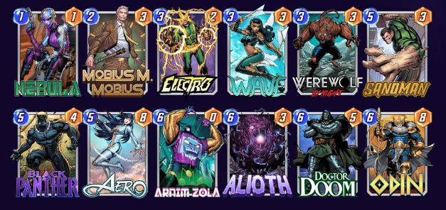Marvel Snap deck consisting of Nebula, Mobius M. Mobius, Electro, Wave, Werewolf by Night, Sandman, Black Panther, Aero, Arnim Zola, Alioth, Doctor Doom, and Odin. 