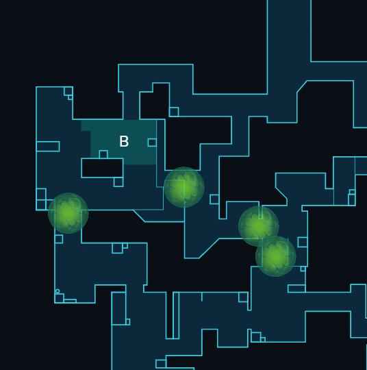 Four options for Poison Orb placements on Split's mid and B sites.