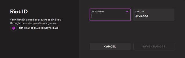 Screenshot of the screen one sees when changing their Riot ID.