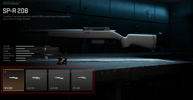 A Gunsmith weapon customization menu in Call of Duty, with four weapon platforms and a sniper rifle displayed.