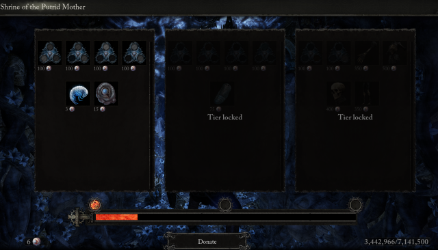 A scnreeshot from Lords of the Fallen showing a black menu. A red bar at the bottom shows that the Shrine of the Putrid Mother is only at tier one.