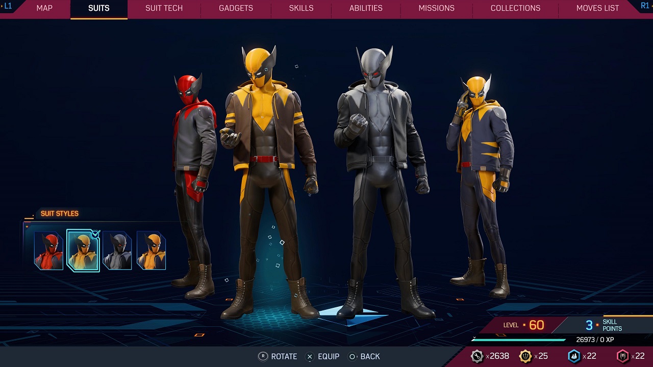 There is a shot of four versions of a spider-suit for Miles Morales in a menu. The suit is inspired by Wolverine.