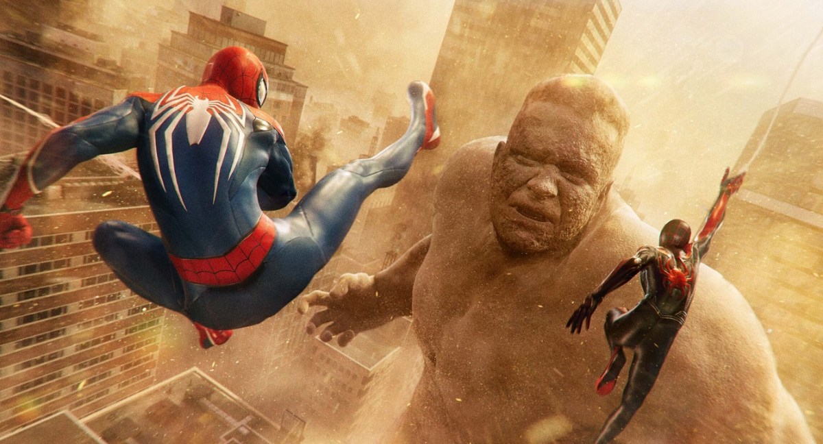 There is a shot of both Spider-Man characters swinging towards a giant version of the Sand Man.