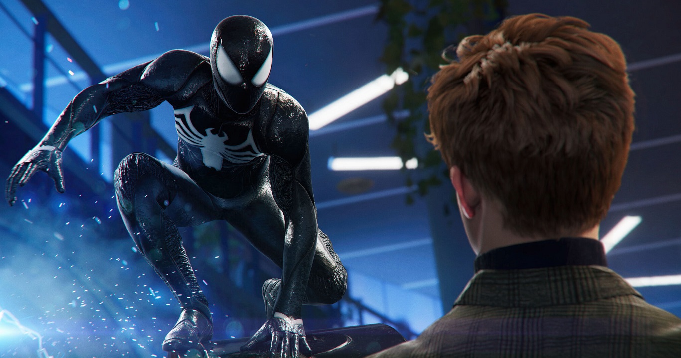 There is a shot of Spider-Man wearing his black symbiote suit and looking down at someone below him.