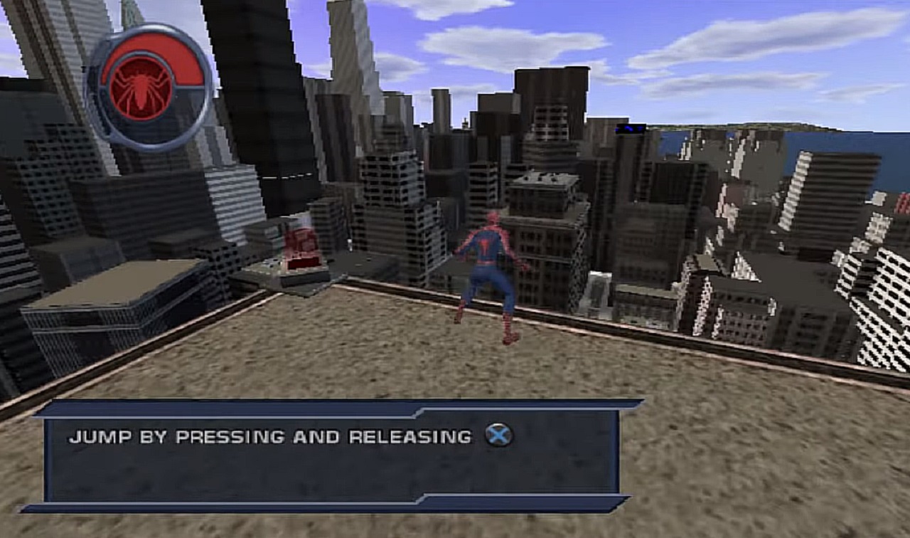 There is an image of Spider-Man looking at New York City from a skycrapper. The city is vast.