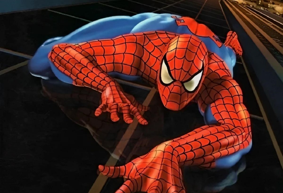 There is a shot of Spider-Man crawling up a building.