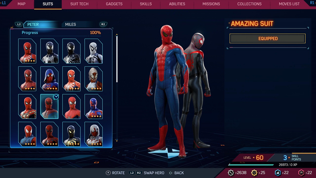 There is an image of a menu with two Spider-Men wearing different suits. 