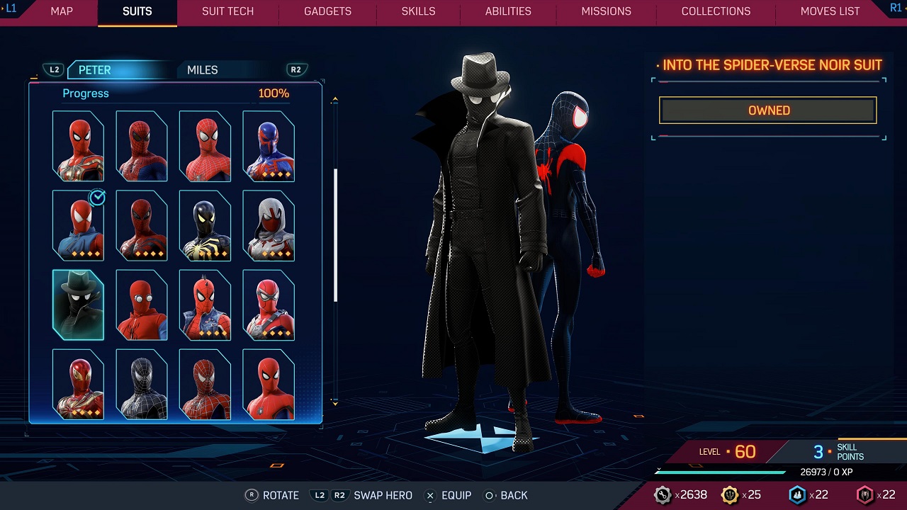 There is an image of a menu showing two Spider-Men and various spider suits to wear.