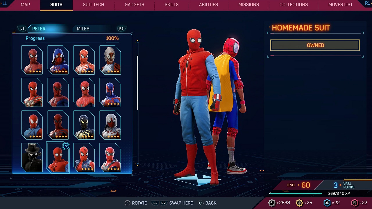 There is an image of a menu with two Spider-Men wearing suits. The MCU Tom Holland suit is at the forefront. 