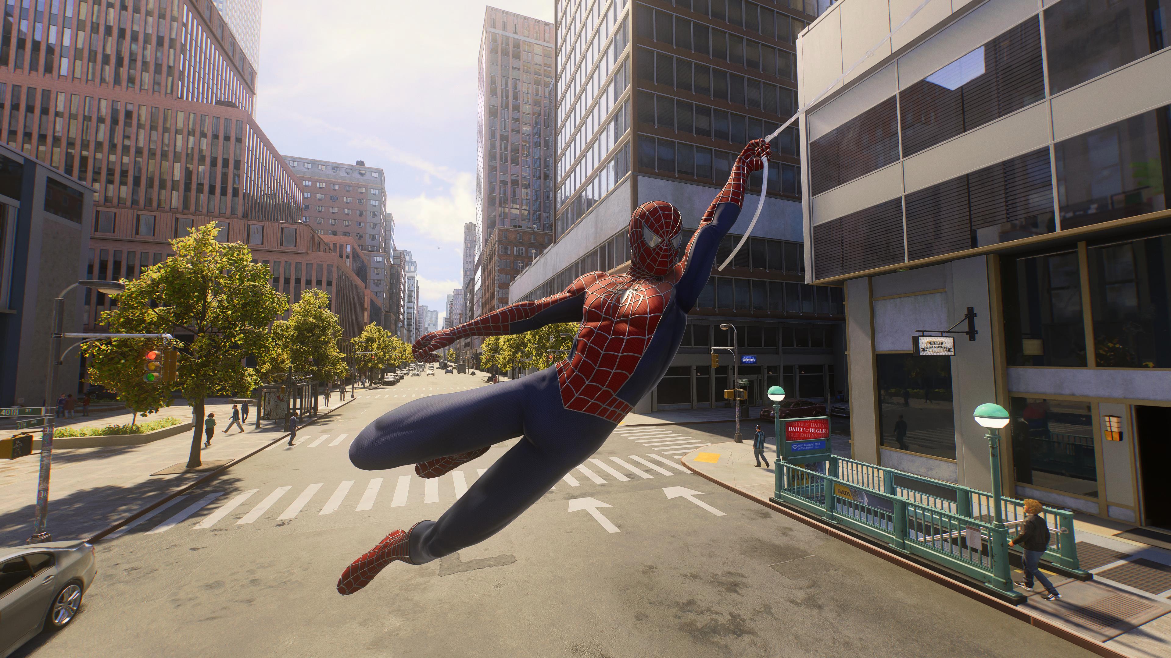 There is a picture of Spider-Man swinging through the air in the first Tobey Macguire suit.