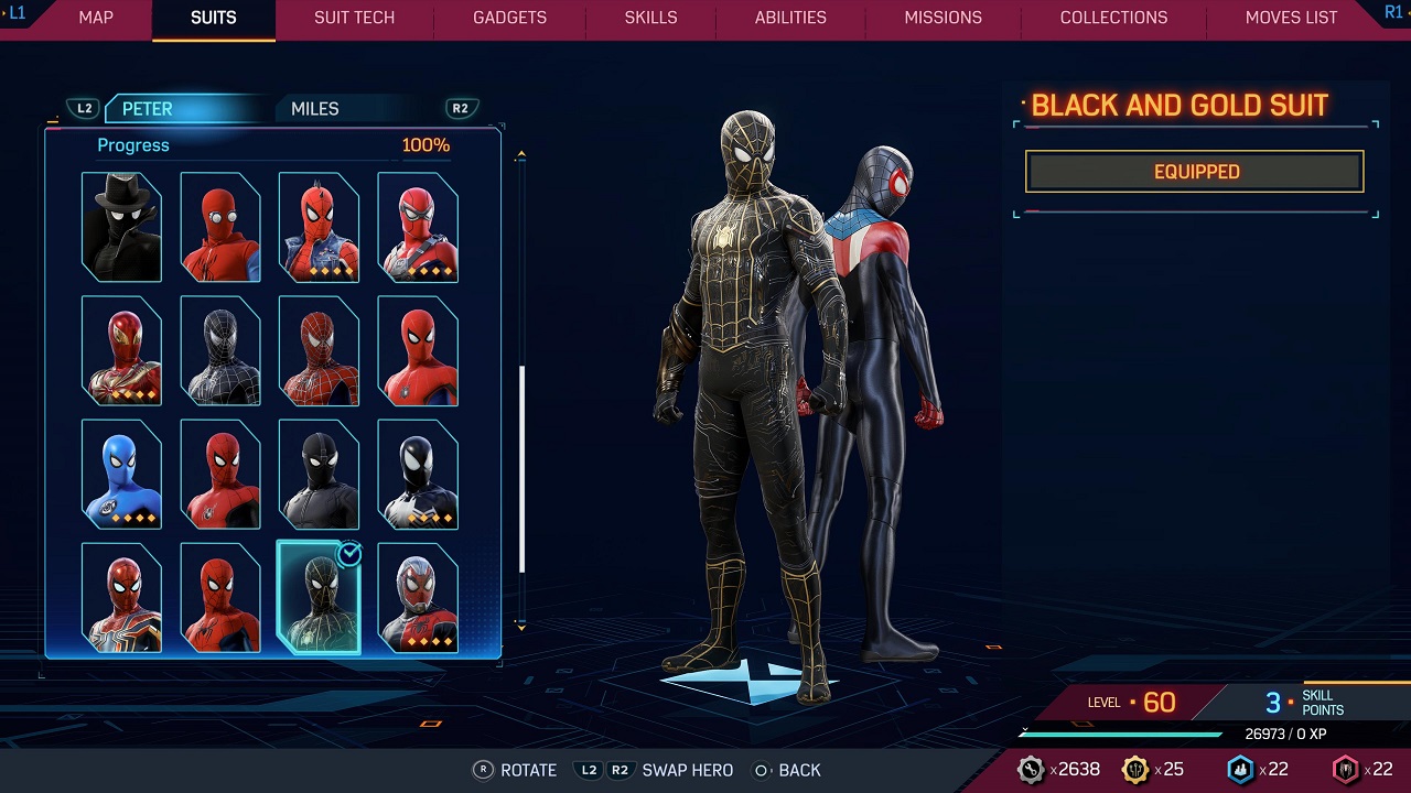 There is a picture of a menu with two spider-men wearing various spider suits you can unlock. 