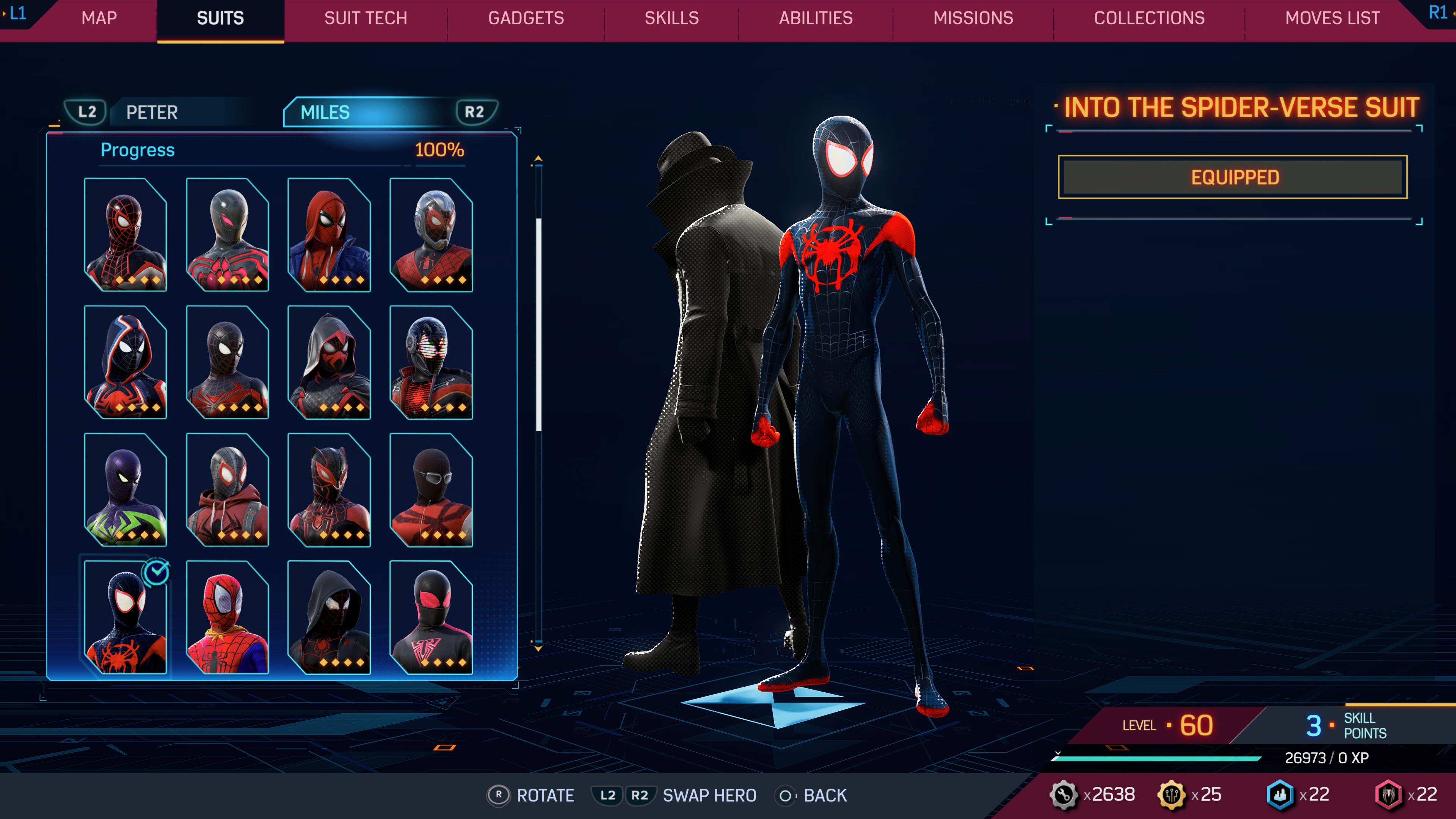 There is an image of a menu with two Spider-Men wearing different suits.