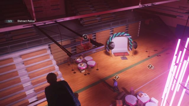 Peter Parker watching a police officer investigate the gym bleachers