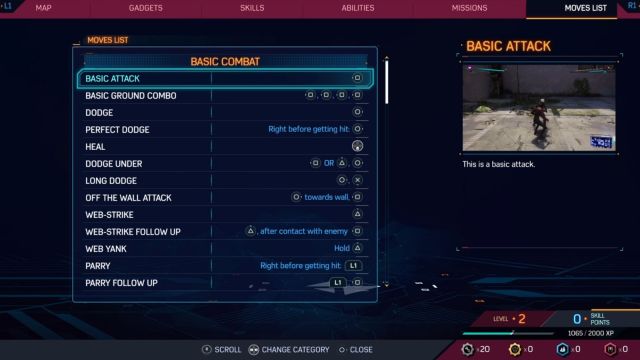 The moves list tab in Spider-Man 2