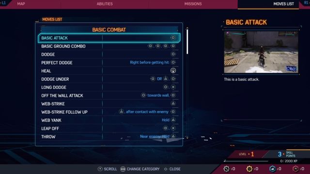 The moves list tab in Spider-Man 2