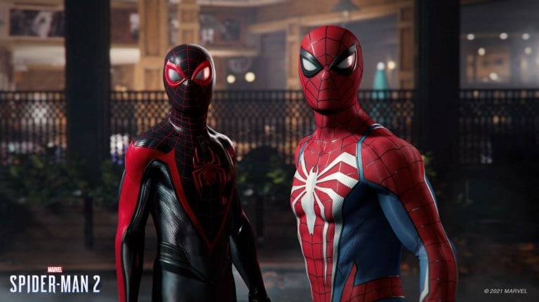 Spider Man and Miles Morales looking at the camera