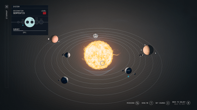 The Serpentis system in Starfield showing the planets and moons orbiting a star.