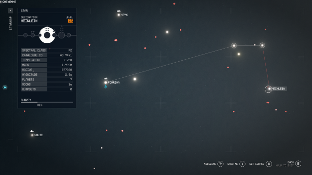 The galaxy map in Starfild showing a route between the Porrima and Heinlein systems.