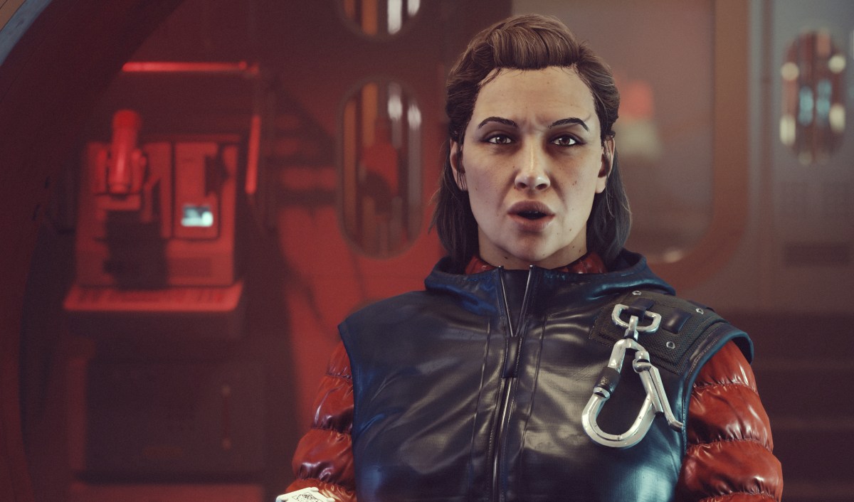 Betty Howser, a recruitable companion in Starfield, speaking to a character.