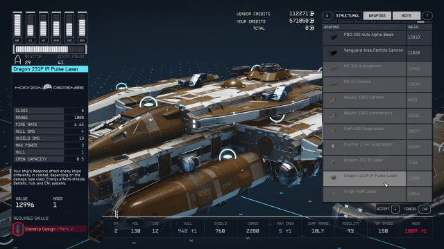 Image of the ship design menu in Starfield displaying the Dragon 231P.