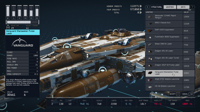 Image of the ship design menu in Starfield showing the Vanguard Pulse Laser.