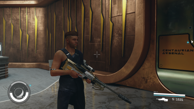 image displays the player character in Starfield holding a Hard Target rifle inside of Centaurian Arsenal.