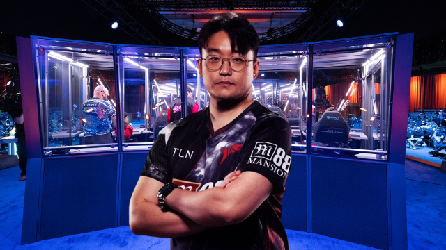 SunBhie edited in front of Talon Esports' inside of a TI 2023 booth.