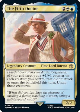 Image of Doctor infront of TARDIS looking out through MTG The Fifth Doctor Blast From the Past Commander Precon