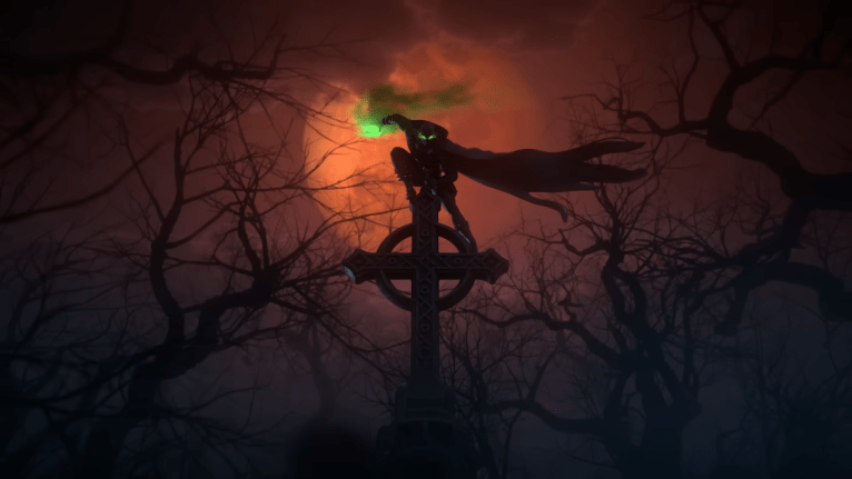 A dark figure stands on a cross-shaped gravestone in a spooky graveyard in Call of Duty for The Haunting event.