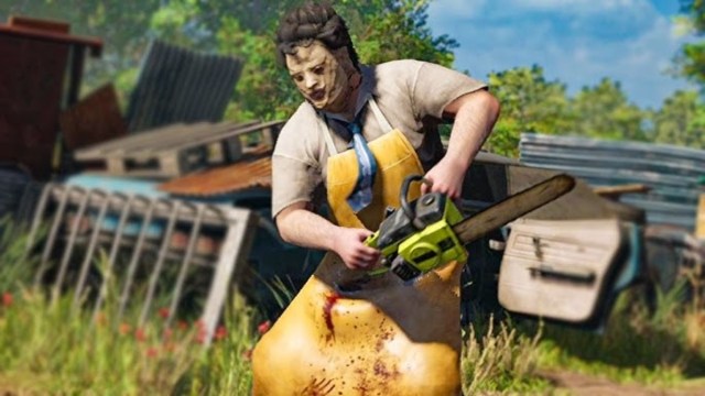 Leatherface crouching with his chainsaw