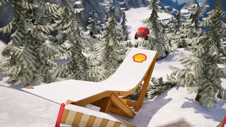 Fortnite Car doing a jump in a snowy forest with a Shell logo on the ramp