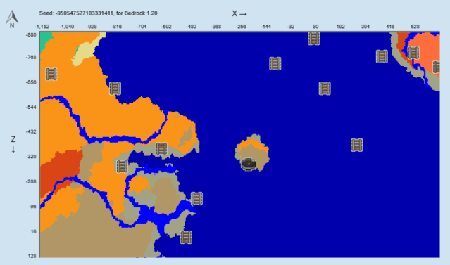 A map of the -950547527103331411 seed in Minecraft.