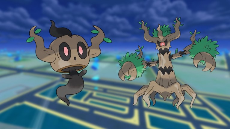 Phantump and Trevenant photoshopped onto a backdrop of a Pokemon Go map