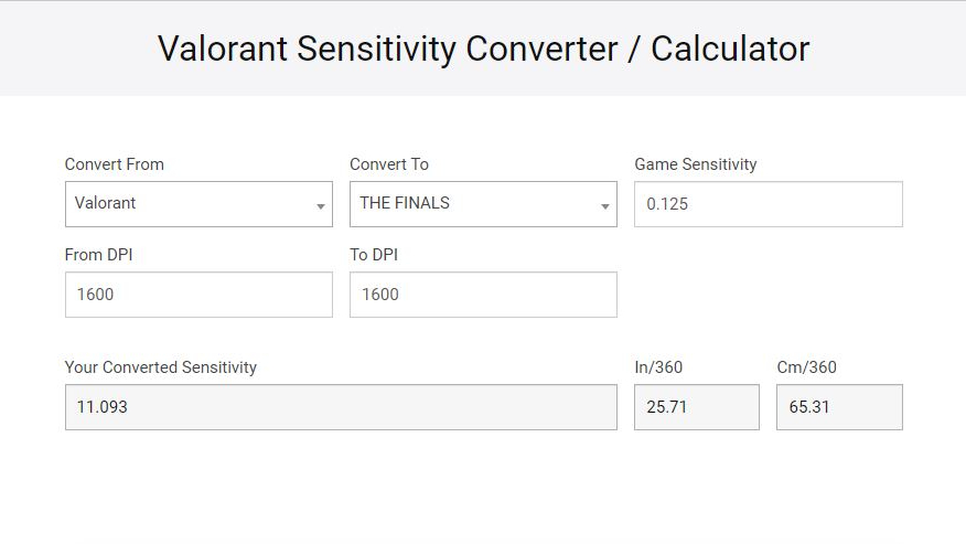 A screenshot of a third-party website that converts a mouse sensitivity value  from VALORANT to one ready for use in THE FINALS.