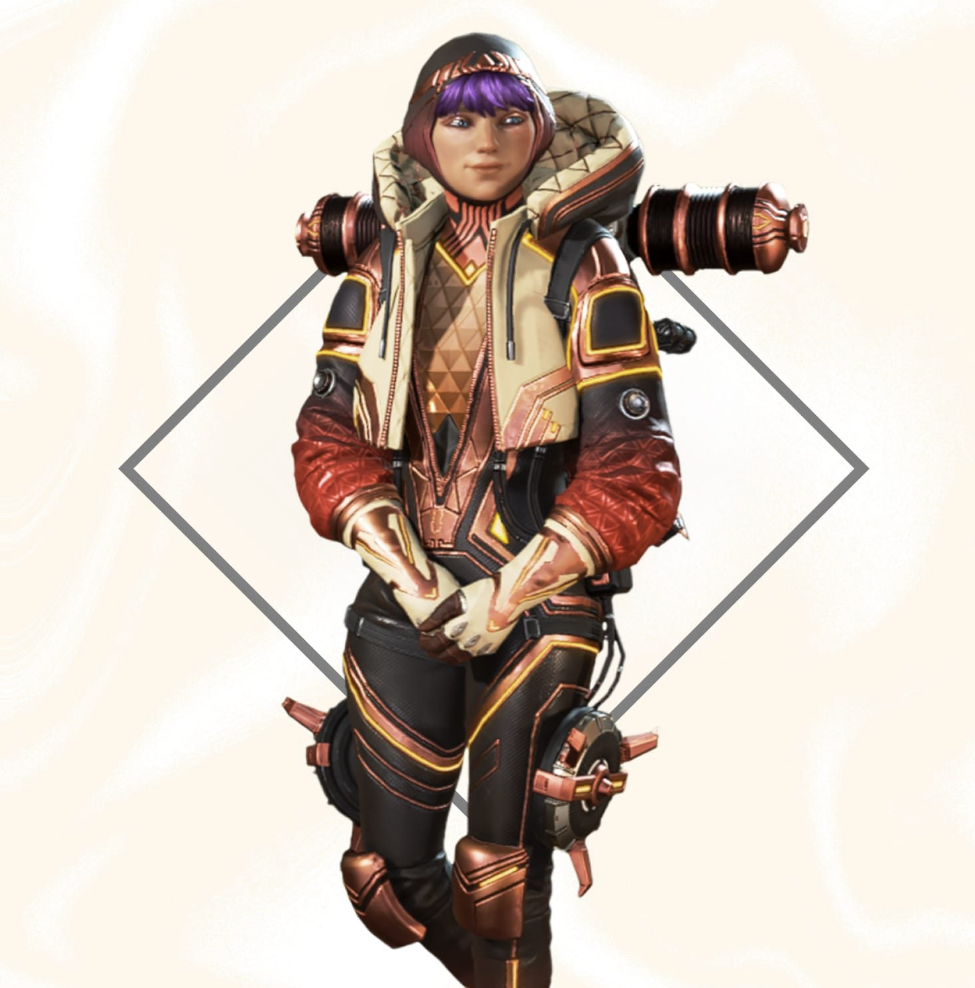 Wattson from Apex Legends stands in her normal outfit that has been recolored with reds, beiges, and bronze accents. Purple hair pokes out of her head wrap.