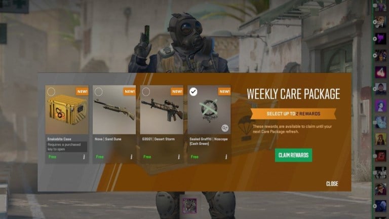 Screenshot taken of a Weekly Care Package in CS2. It features one skin case, two skins, and one graffiti.