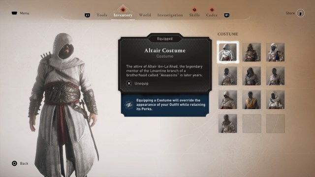 Basim modeling the Altair outfit in Assassin's Creed Mirage's main menu.