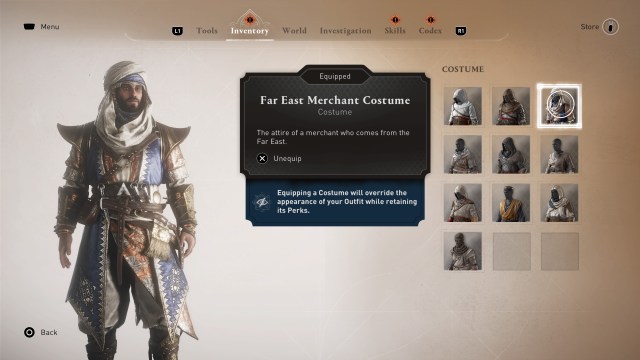 Basim modeling the Far East Merchant outfit in Assassin's Creed Mirage's main menu.