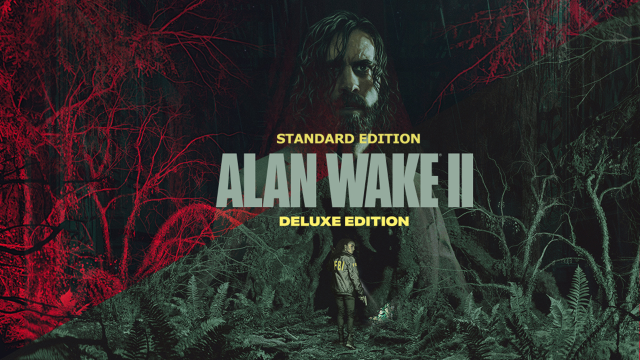 Alan Wake 2's Standard and Deluxe edition put togheter. They are both the same cover, but the Standard edition is red, while the deluxe is gray. Alan Wake stares foward in the upper part od the image, while Saga on the bottom part of the image facing the other way about to enter a dark forest.