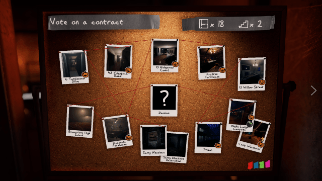 The contract board in Phasmophobia with pumpkin stickers on the event locations.