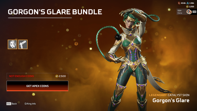 Catalyst's Gorgon's Glare Legendary skin is displayed in the Apex Legends storefront. She is dressed in a green and white outfit, with gold and purple gilding. Her hair has been replaced with green snakes sitting atop a golden headpiece.