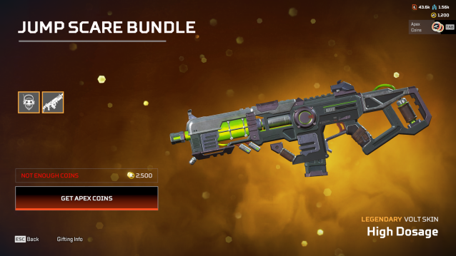 The High Dosage skin for the Volt SMG is shown in the Apex Legends store. The gun's body is blocky with a dark gray paintjob, while its internals are filled with a neon green fluid.