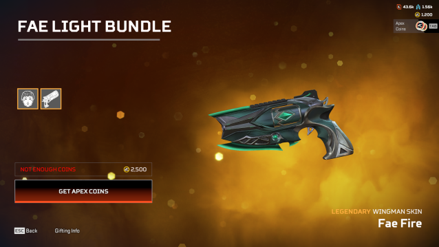 The Fae Fire Wingman pistol skin is shown in the Apex Legends store. The gun is dark green and gray, with a neon green-tipped blade on its underbarrel and a green crystal embedded in its cylinder.