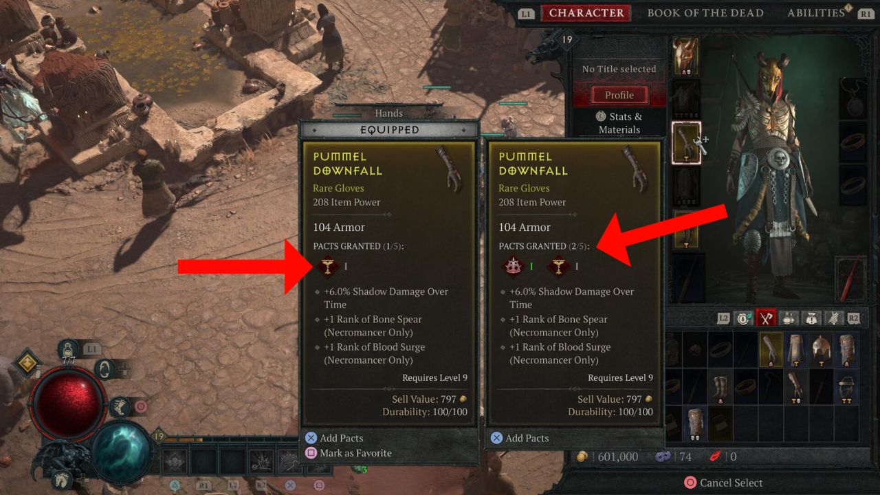 Red arrows pointing to pact armor with and without the pact consumable in Diablo 4