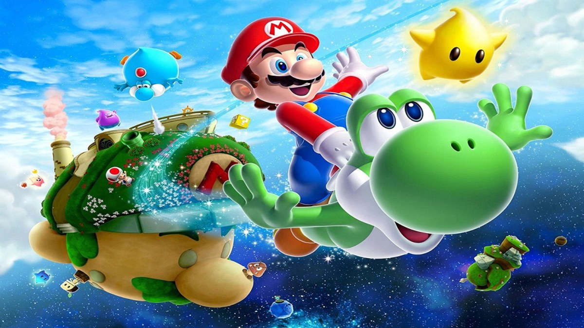 Promotional art for Super Mario Galaxy 2 shows Mario riding on Yoshi.