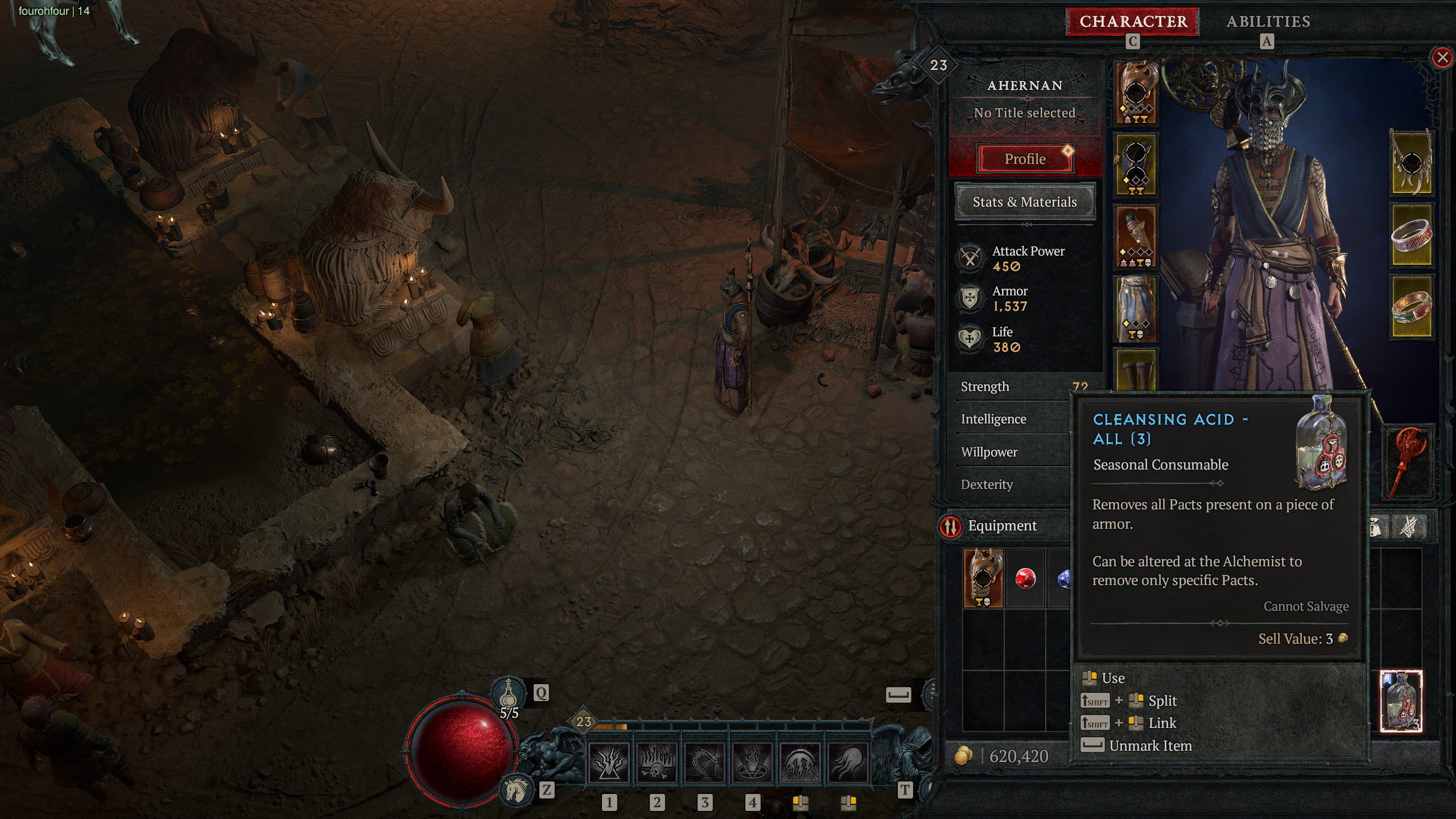 The description of the Cleansing Acid item in the equipment section of a Diablo 4 player's inventory.